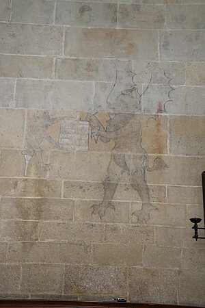 Schöngrabern, Pfarrkirche Unsere Liebe Frau, Kohlezeichnung: der Teufel schreibt die Schwätzer auf, um 1330